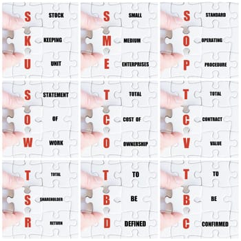 Photo collage with hand of business man completing the puzzle with the last missing piece