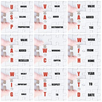 Photo collage with hand of business man completing the puzzle with the last missing piece