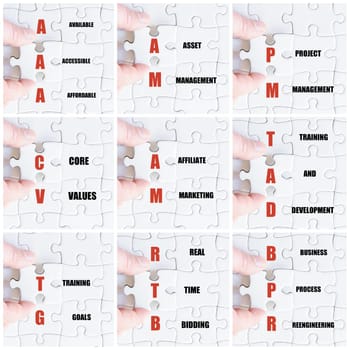 Photo collage with hand of business man completing the puzzle with the last missing piece
