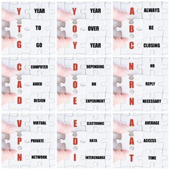 Photo collage with hand of business man completing the puzzle with the last missing piece