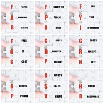 Photo collage with hand of business man completing the puzzle with the last missing piece