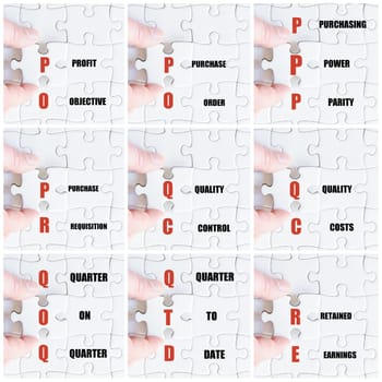 Photo collage with hand of business man completing the puzzle with the last missing piece