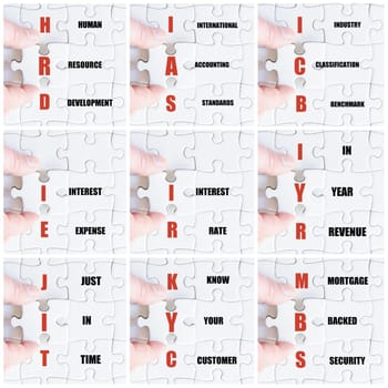 Photo collage with hand of business man completing the puzzle with the last missing piece