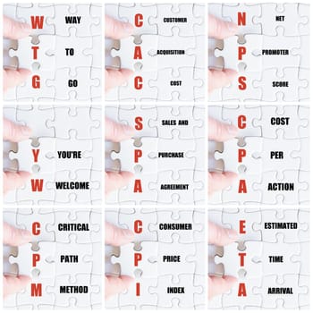 Photo collage with hand of business man completing the puzzle with the last missing piece