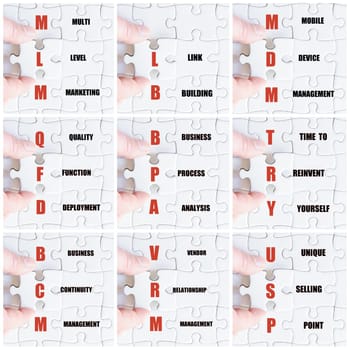 Photo collage with hand of business man completing the puzzle with the last missing piece