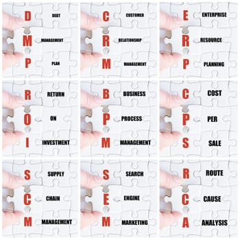 Photo collage with hand of business man completing the puzzle with the last missing piece