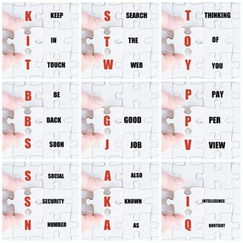 Photo collage with hand of business man completing the puzzle with the last missing piece
