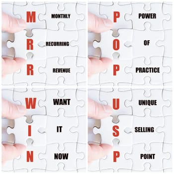 Photo collage with hand of business man completing the puzzle with the last missing piece
