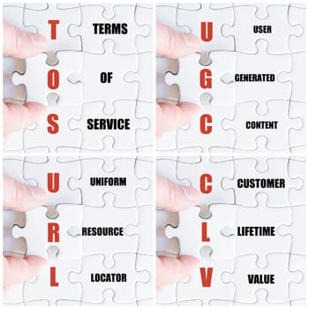 Photo collage with hand of business man completing the puzzle with the last missing piece