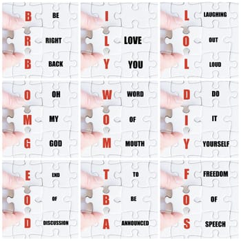Photo collage with hand of business man completing the puzzle with the last missing piece