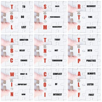 Photo collage with hand of business man completing the puzzle with the last missing piece