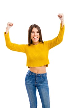 Beautiful and happy woman with both arms open, isolated over white background