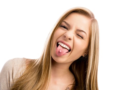 Beautiful and happy teenage girl with thumbs up, isolated over white background