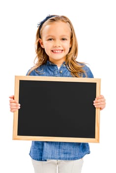 Beautiful little girl holding and showing a speech balloon