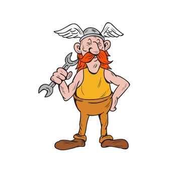 Illustration of a viking repairman standing holding spanner with one hand and the other hand on hips facing front set inside  on isolated white background done in cartoon style.