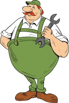 Illustration of a german repairman holding spanner standing viewed from front set on isolated white background done in cartoon style.