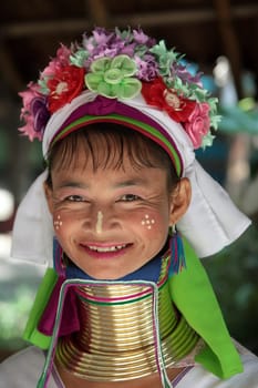a traditional longneck women of the Paudang minority from Burma in a village north of chiang mai in the north of Thailand in Southeastasia. ...