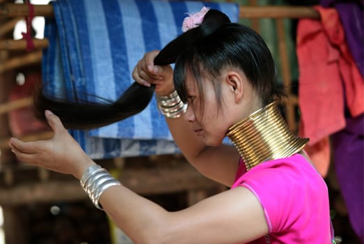 a traditional longneck women of the Paudang minority from Burma in a village north of chiang mai in the north of Thailand in Southeastasia. ...