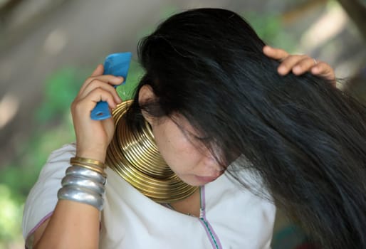 a traditional longneck women of the Paudang minority from Burma in a village north of chiang mai in the north of Thailand in Southeastasia. ...