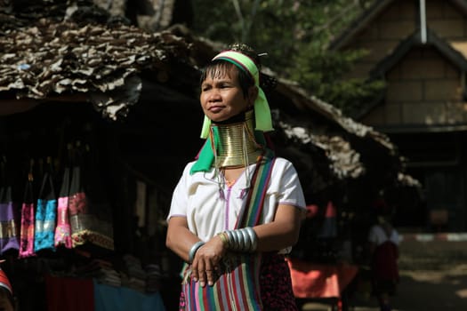 a traditional longneck women of the Paudang minority from Burma in a village north of chiang mai in the north of Thailand in Southeastasia. ...