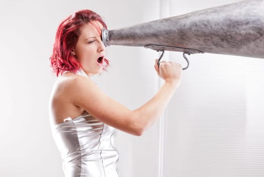 vintage space girl makes wrong use of a tool