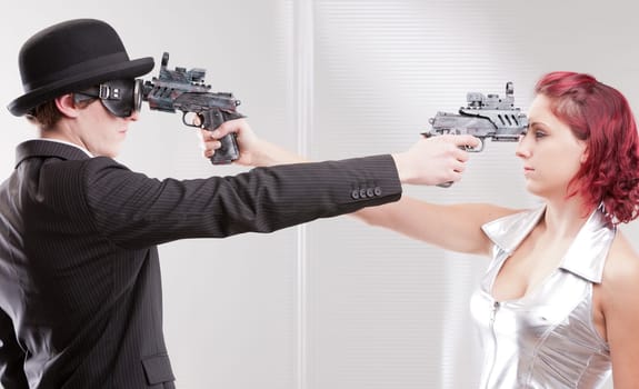 a weird couple of strange business superheroes in which she loves and hates him and they are attracted and the have to kill each other