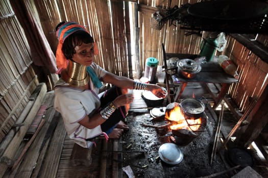 a traditional longneck women of the Paudang minority from Burma in a village north of chiang mai in the north of Thailand in Southeastasia. ...