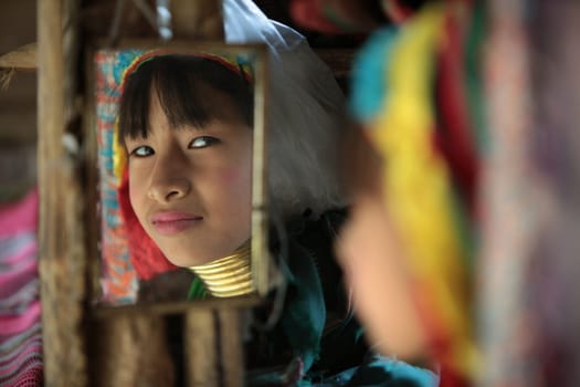 a traditional longneck women of the Paudang minority from Burma in a village north of chiang mai in the north of Thailand in Southeastasia. ...