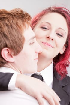 red headed clerks loving each other and embracing