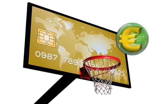 credit card on a basketball panel with a euro 3d in a green chrome sphere