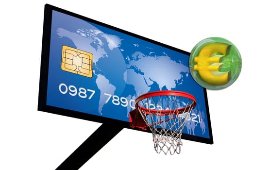 credit card on a basketball panel with a euro 3d in a green chrome sphere