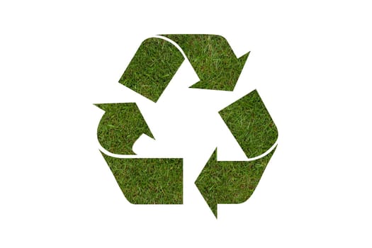 Recycle symbol with real grass texture, isolated on white background, clipping path included.Easy to replace content