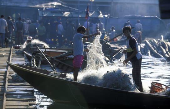 a Fishing harbour at the coast of the Town of Sihanoukville in cambodia in southeastasia.