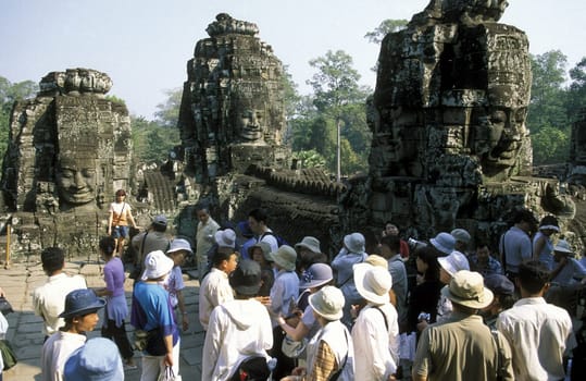 the bayon temple in angkor Thom temples in Angkor at the town of siem riep in cambodia in southeastasia.