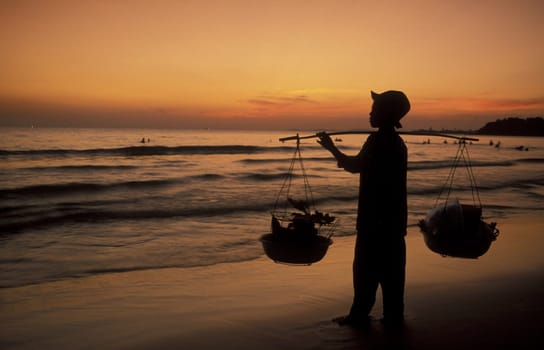 the beach at the coast of the Town of Sihanoukville in cambodia in southeastasia.