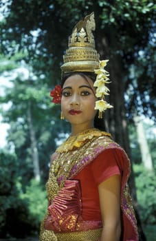 a khmer apsara Dance women at the angkor wat temple in Angkor at the town of siem riep in cambodia in southeastasia.