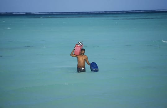 A Fisherman on the way from the Boat to the Village of Las Terrenas on Samanaon in The Dominican Republic in the Caribbean Sea in Latin America.