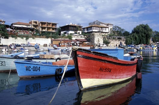 the harbour of the old town of Nesebar on the coast of the Black sea in Bulgaria in east Europe.