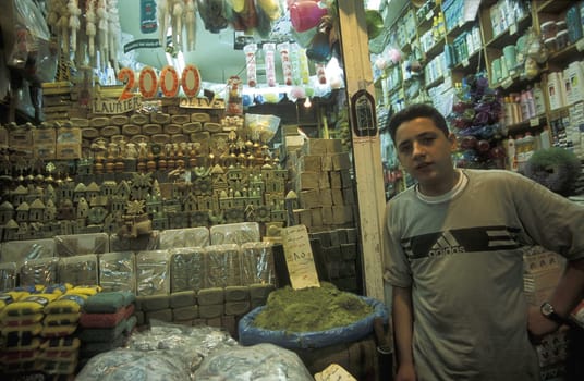The Souq or market in the medina of the Old City of Aleppo in the north of Syria in the Middle East.