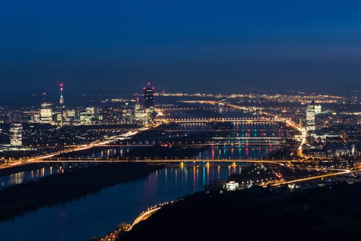 Vienna at night,panorama of the capital with Danube