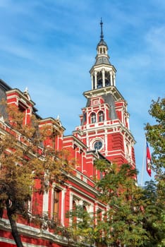 Historic red fire station in Santiago, Chile
