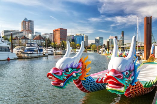 Dragon boats on the Willamette River with downtown Portland, Oregon in the background