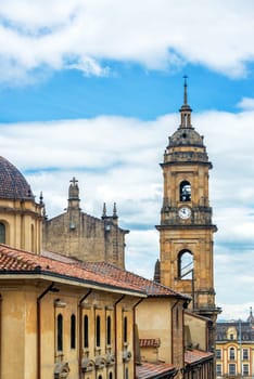View of the cathedral on the Plaza de Bolivar in downtown Bogota, Colombia