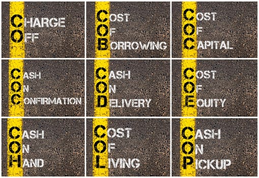 Photo collage of Business Acronyms written over road marking yellow paint line