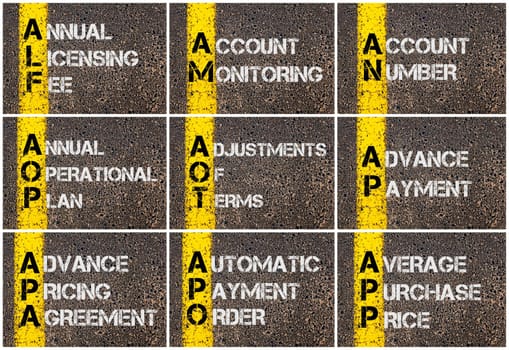 Photo collage of Business Acronyms written over road marking yellow paint line