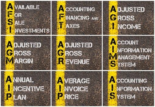 Photo collage of Business Acronyms written over road marking yellow paint line