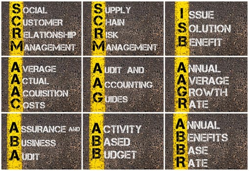 Photo collage of Business Acronyms written over road marking yellow paint line