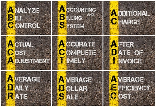 Photo collage of Business Acronyms written over road marking yellow paint line