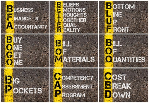 Photo collage of Business Acronyms written over road marking yellow paint line