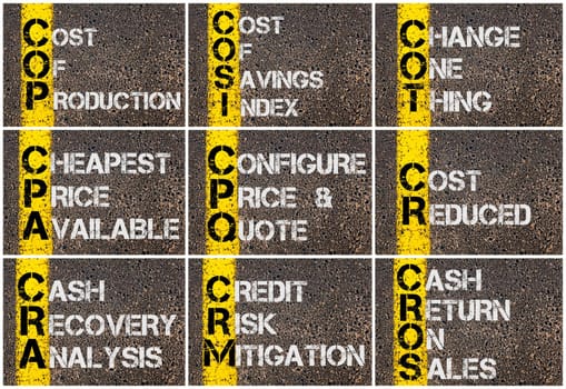Photo collage of Business Acronyms written over road marking yellow paint line
